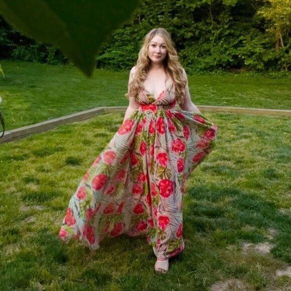 Badgley Mischka Green & Coral Floral Chiffon Flowy Maxi Gown Long Dress Size 2 - Picture 8 of 16